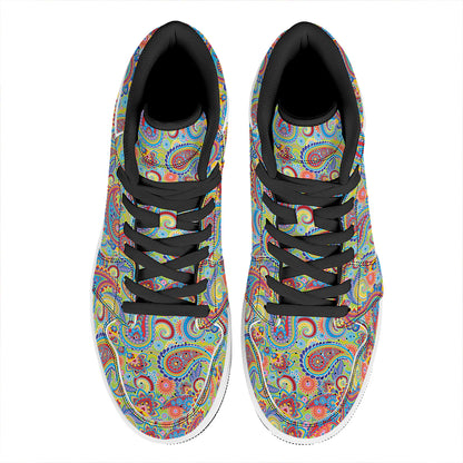 Asian Paisley Pattern Print High Top Leather Sneakers