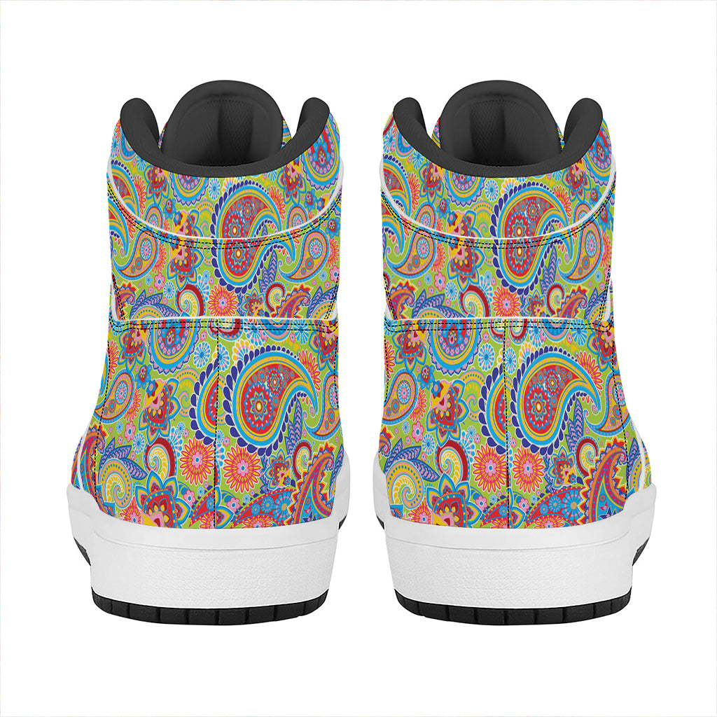Asian Paisley Pattern Print High Top Leather Sneakers
