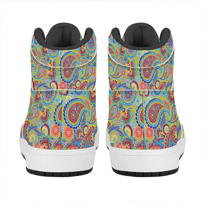 Asian Paisley Pattern Print High Top Leather Sneakers