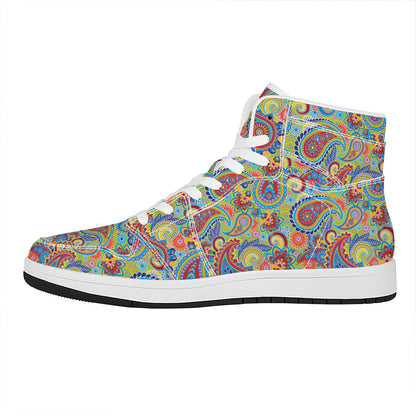 Asian Paisley Pattern Print High Top Leather Sneakers