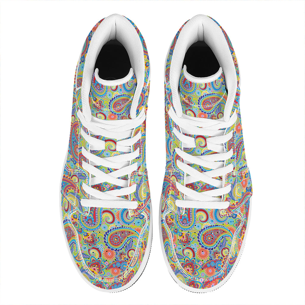Asian Paisley Pattern Print High Top Leather Sneakers