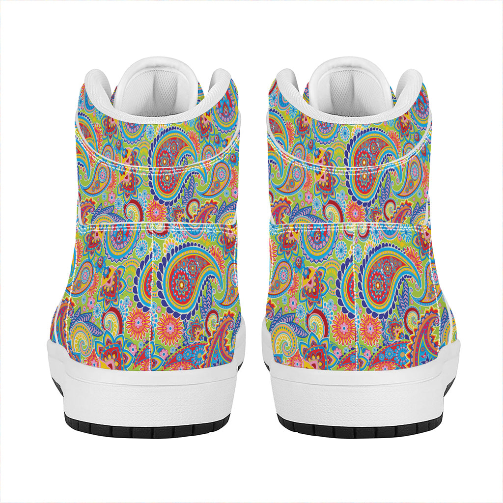 Asian Paisley Pattern Print High Top Leather Sneakers