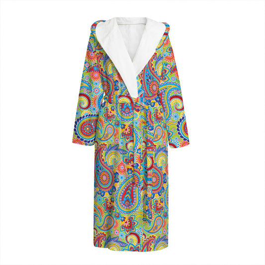 Asian Paisley Pattern Print Hooded Bathrobe