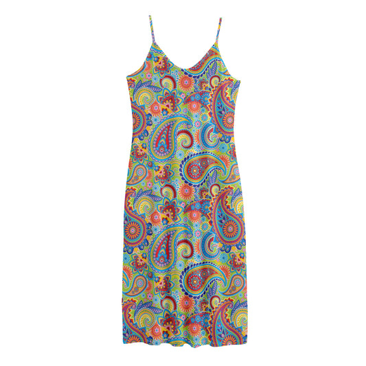 Asian Paisley Pattern Print Jersey Midi Cami Dress