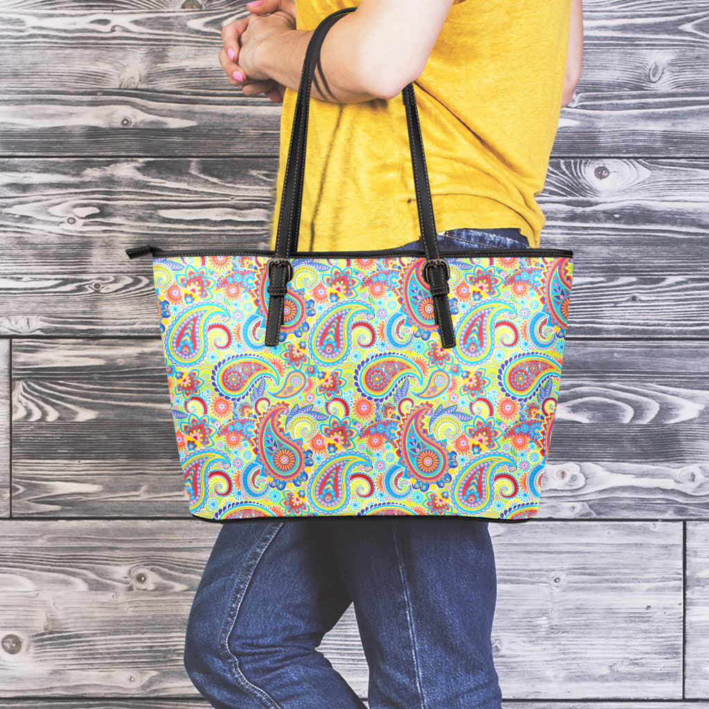 Asian Paisley Pattern Print Leather Tote Bag