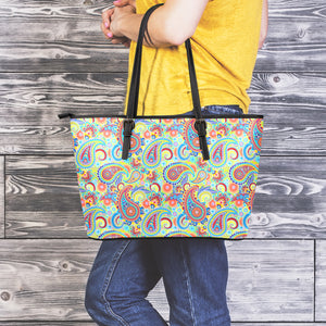 Asian Paisley Pattern Print Leather Tote Bag