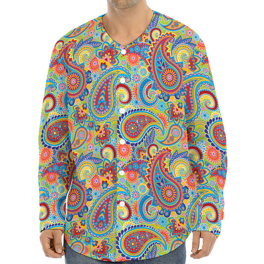 Asian Paisley Pattern Print Long Sleeve Baseball Jersey