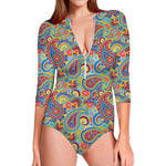 Asian Paisley Pattern Print Long Sleeve Swimsuit