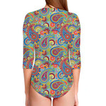 Asian Paisley Pattern Print Long Sleeve Swimsuit