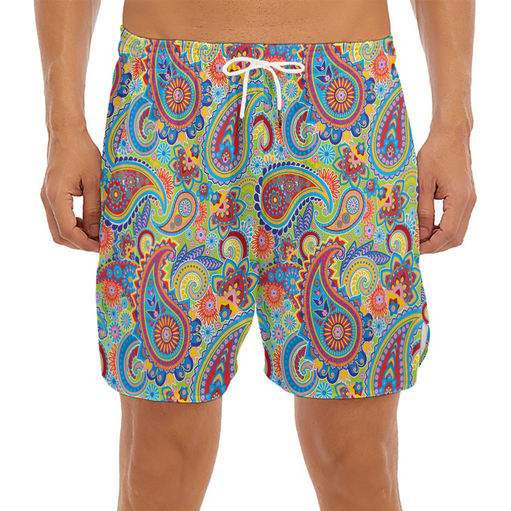 Asian Paisley Pattern Print Men's Split Running Shorts