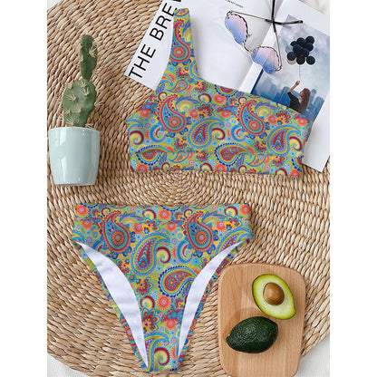 Asian Paisley Pattern Print One Shoulder Bikini Top