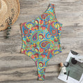 Asian Paisley Pattern Print One Shoulder Bodysuit