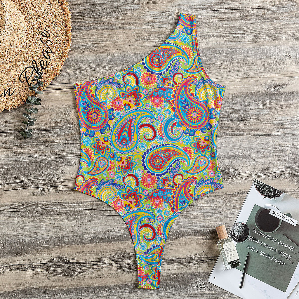 Asian Paisley Pattern Print One Shoulder Bodysuit