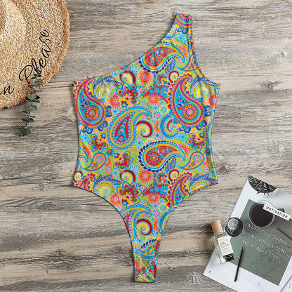 Asian Paisley Pattern Print One Shoulder Bodysuit