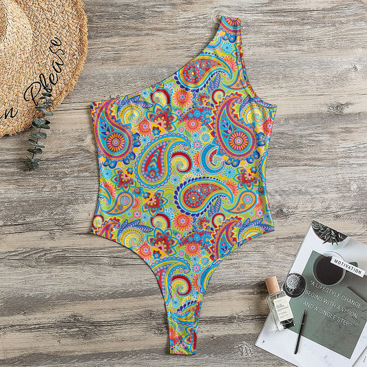 Asian Paisley Pattern Print One Shoulder Bodysuit