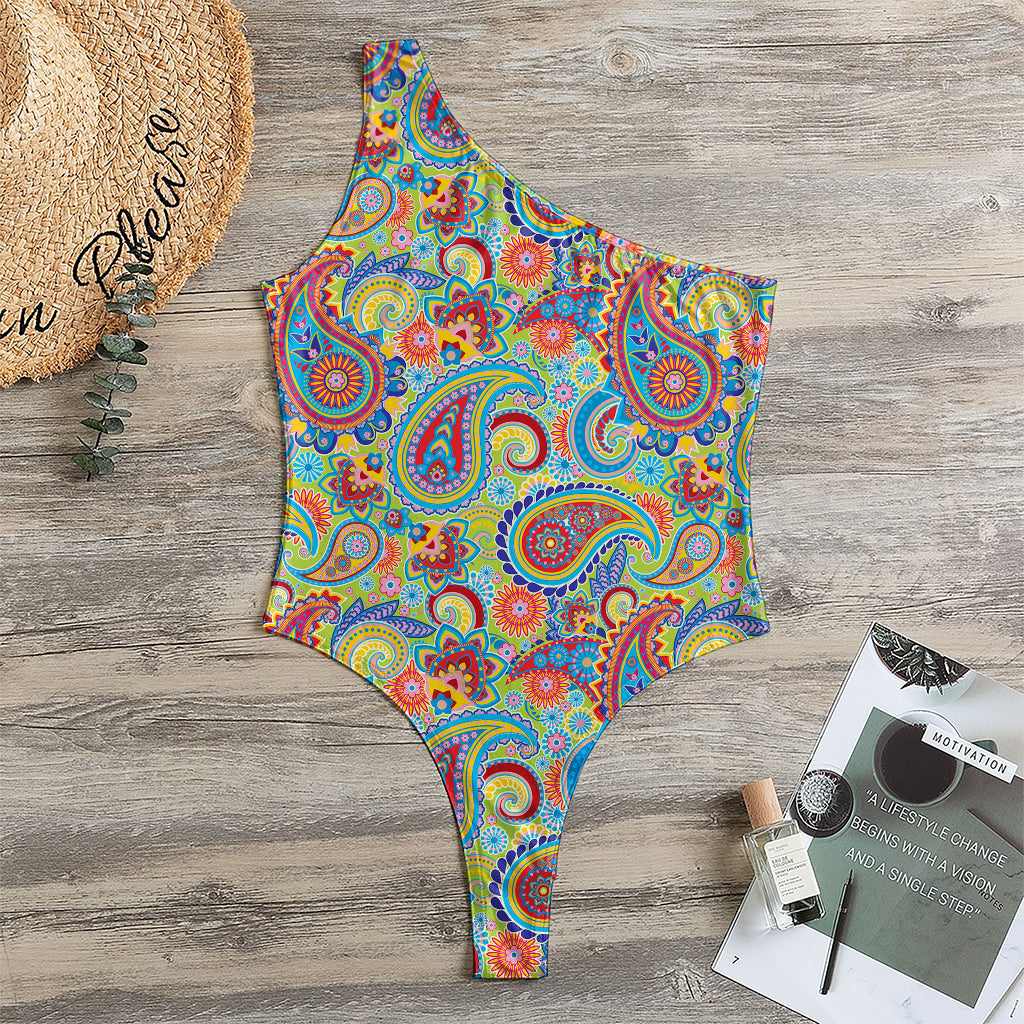 Asian Paisley Pattern Print One Shoulder Bodysuit