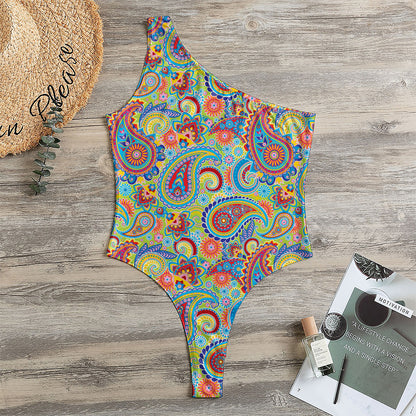 Asian Paisley Pattern Print One Shoulder Bodysuit