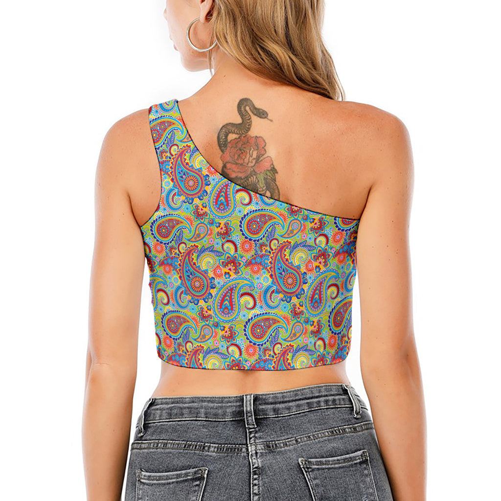 Asian Paisley Pattern Print One Shoulder Crop Top