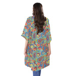 Asian Paisley Pattern Print Open Front Beach Cover Up