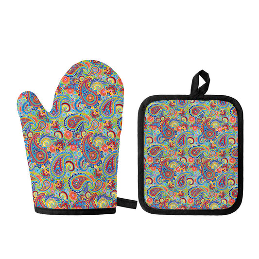 Asian Paisley Pattern Print Oven Mitt And Pot Holder Set