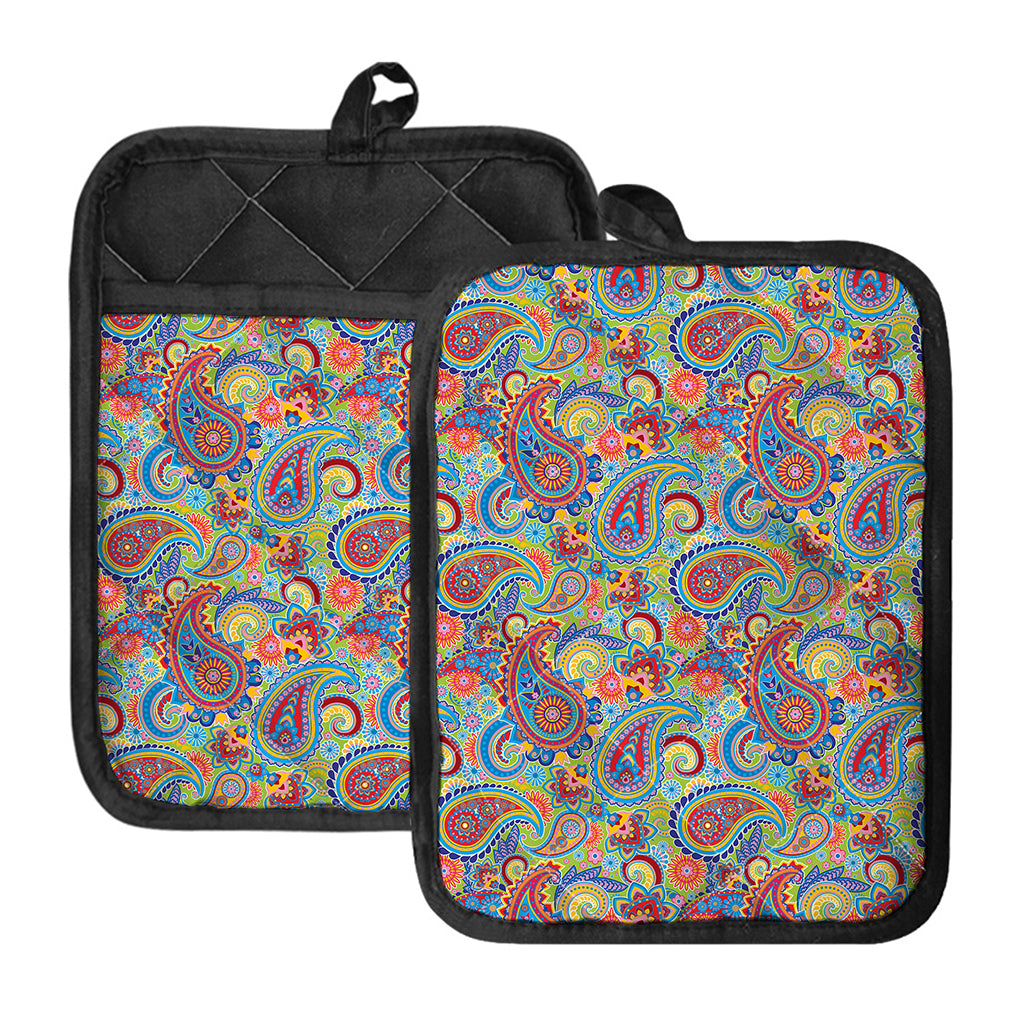 Asian Paisley Pattern Print Pot Holders With Pocket