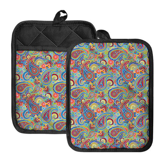 Asian Paisley Pattern Print Pot Holders With Pocket