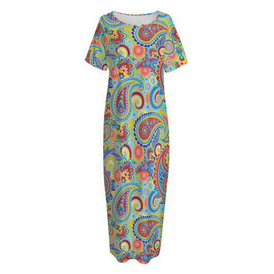 Asian Paisley Pattern Print Short Sleeve Long Nightdress
