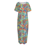 Asian Paisley Pattern Print Short Sleeve Long Nightdress