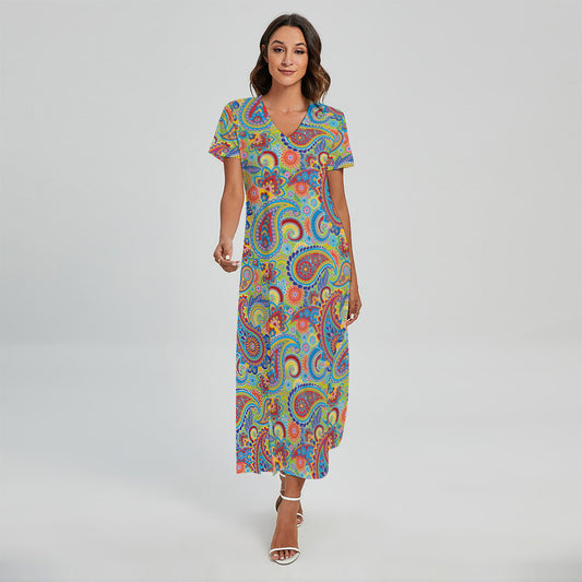 Asian Paisley Pattern Print Short Sleeve Maxi Dress