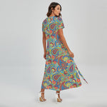 Asian Paisley Pattern Print Short Sleeve Maxi Dress