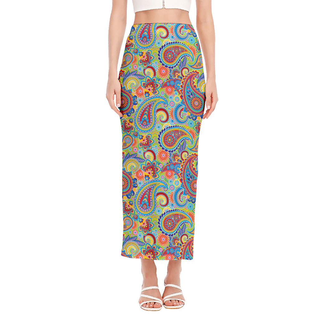 Asian Paisley Pattern Print Side Slit Maxi Skirt