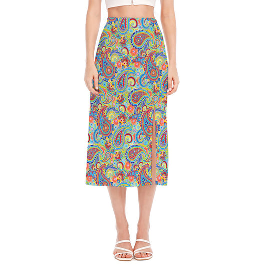 Asian Paisley Pattern Print Side Slit Midi Skirt