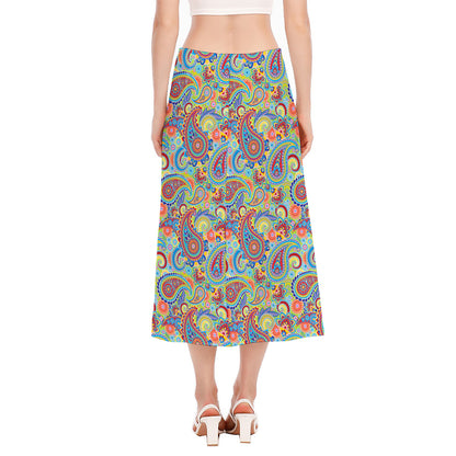 Asian Paisley Pattern Print Side Slit Midi Skirt