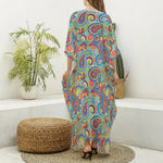 Asian Paisley Pattern Print Silk V-Neck Kaftan Dress