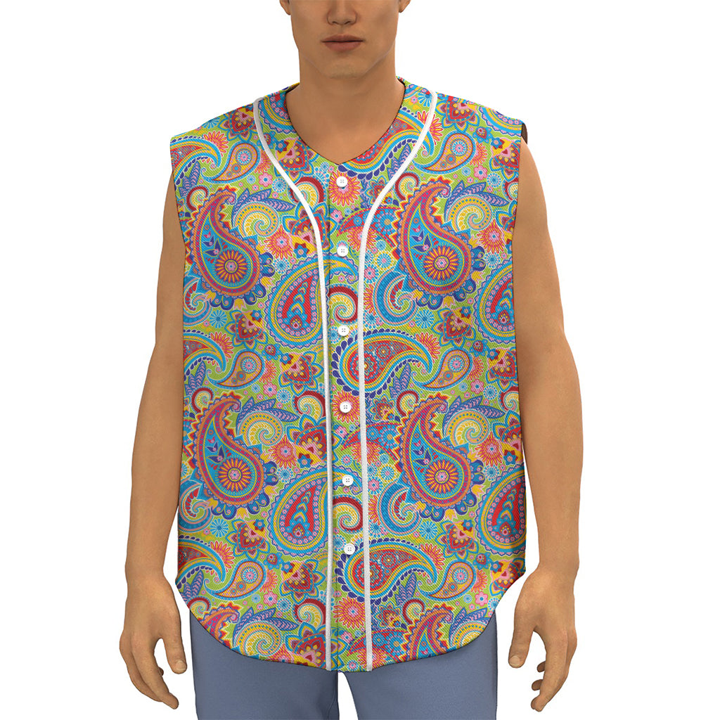 Asian Paisley Pattern Print Sleeveless Baseball Jersey