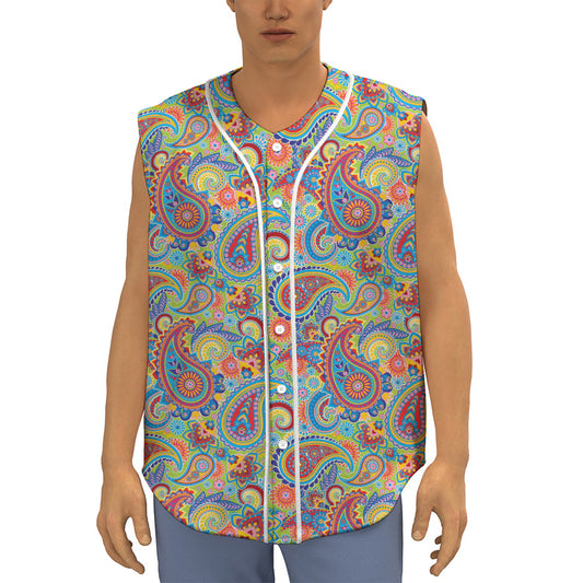 Asian Paisley Pattern Print Sleeveless Baseball Jersey