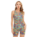 Asian Paisley Pattern Print Sleeveless One Piece Swimsuit
