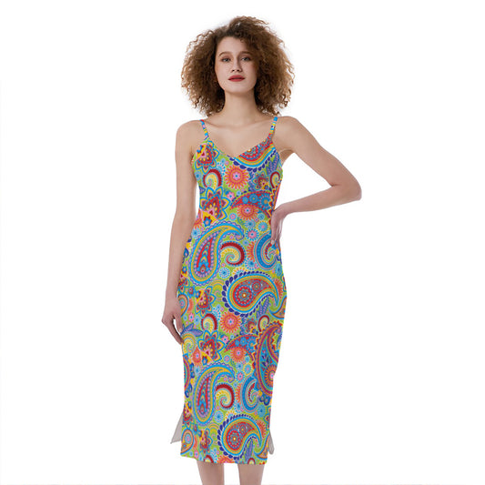 Asian Paisley Pattern Print Slim Fit Midi Cami Dress