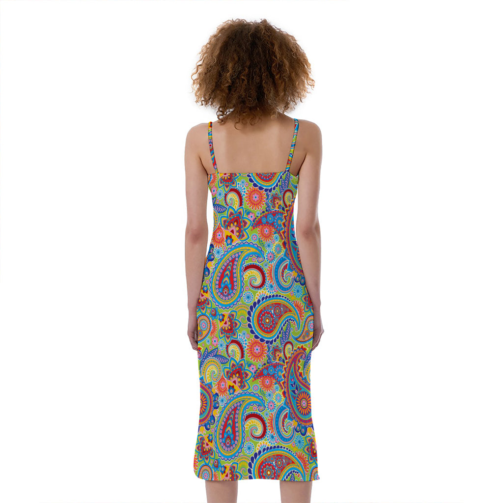 Asian Paisley Pattern Print Slim Fit Midi Cami Dress