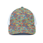 Asian Paisley Pattern Print White Mesh Trucker Cap