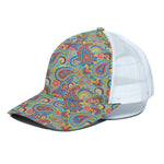 Asian Paisley Pattern Print White Mesh Trucker Cap