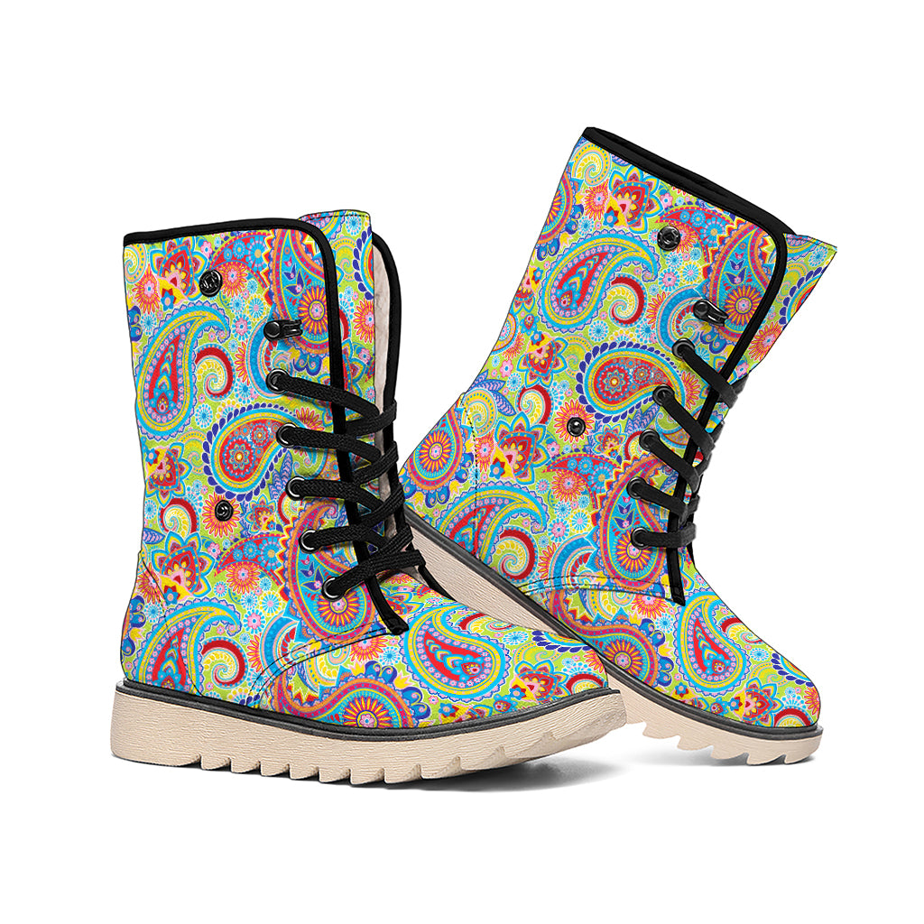 Asian Paisley Pattern Print Winter Boots