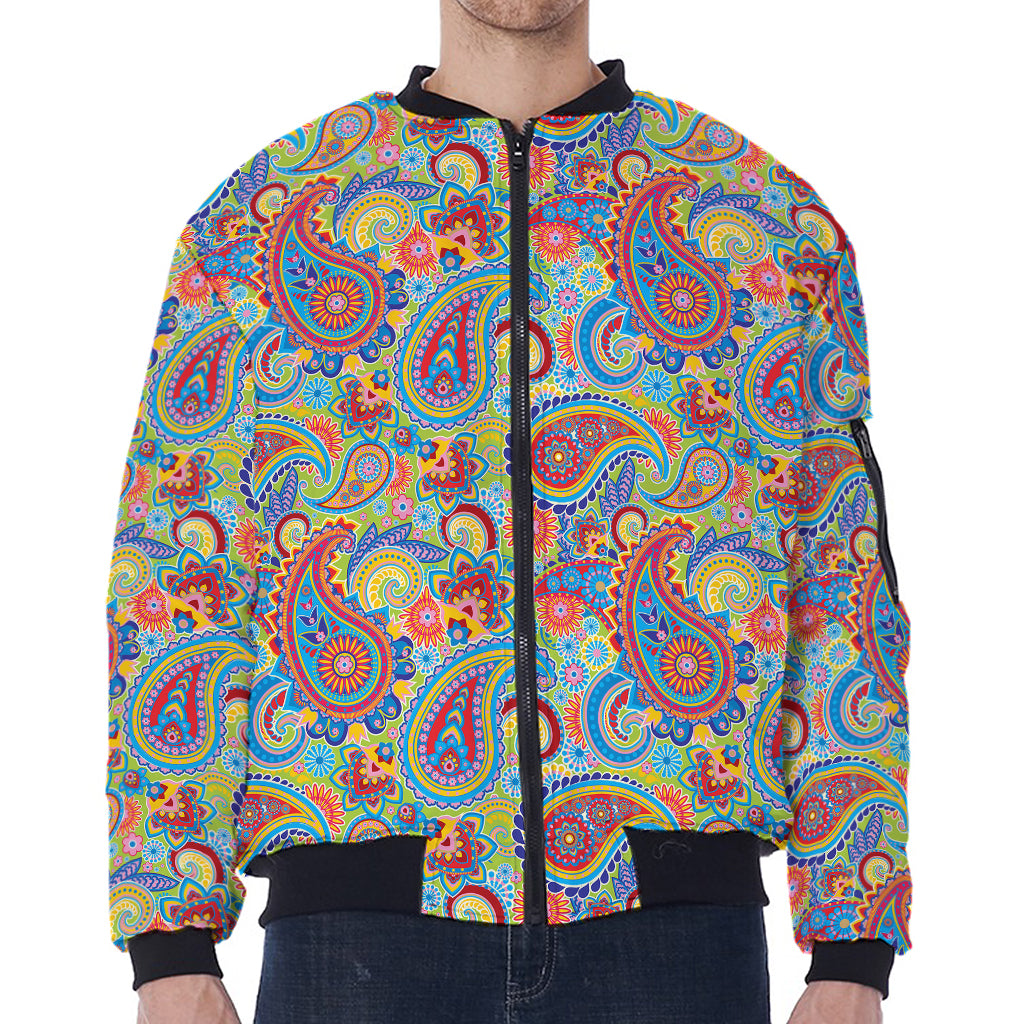 Asian Paisley Pattern Print Zip Sleeve Bomber Jacket