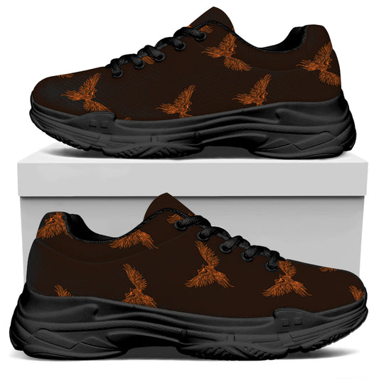 Asian Phoenix Pattern Print Black Chunky Shoes