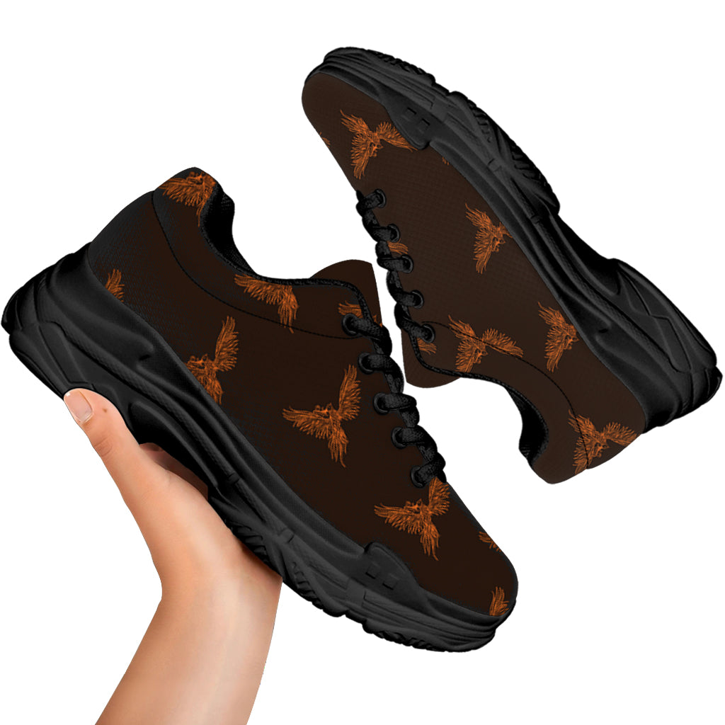 Asian Phoenix Pattern Print Black Chunky Shoes