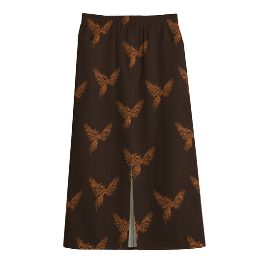 Asian Phoenix Pattern Print Cotton Front Slit Maxi Skirt