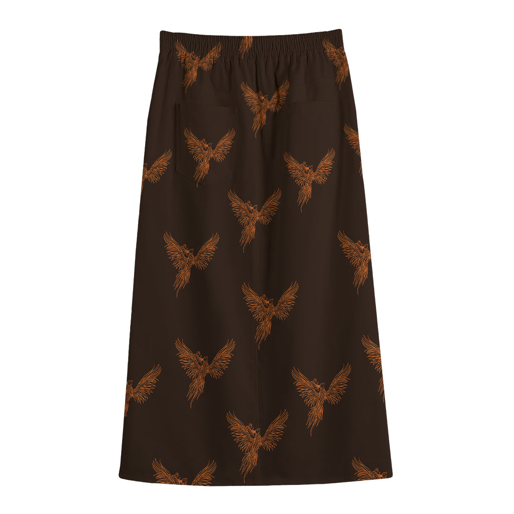 Asian Phoenix Pattern Print Cotton Front Slit Maxi Skirt