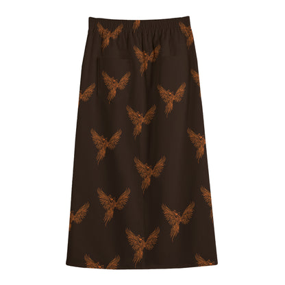 Asian Phoenix Pattern Print Cotton Front Slit Maxi Skirt