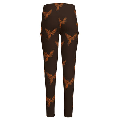 Asian Phoenix Pattern Print High-Waisted Pocket Leggings