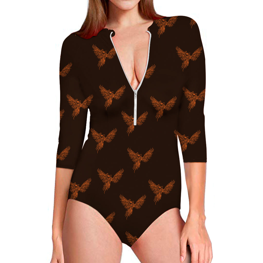 Asian Phoenix Pattern Print Long Sleeve Swimsuit